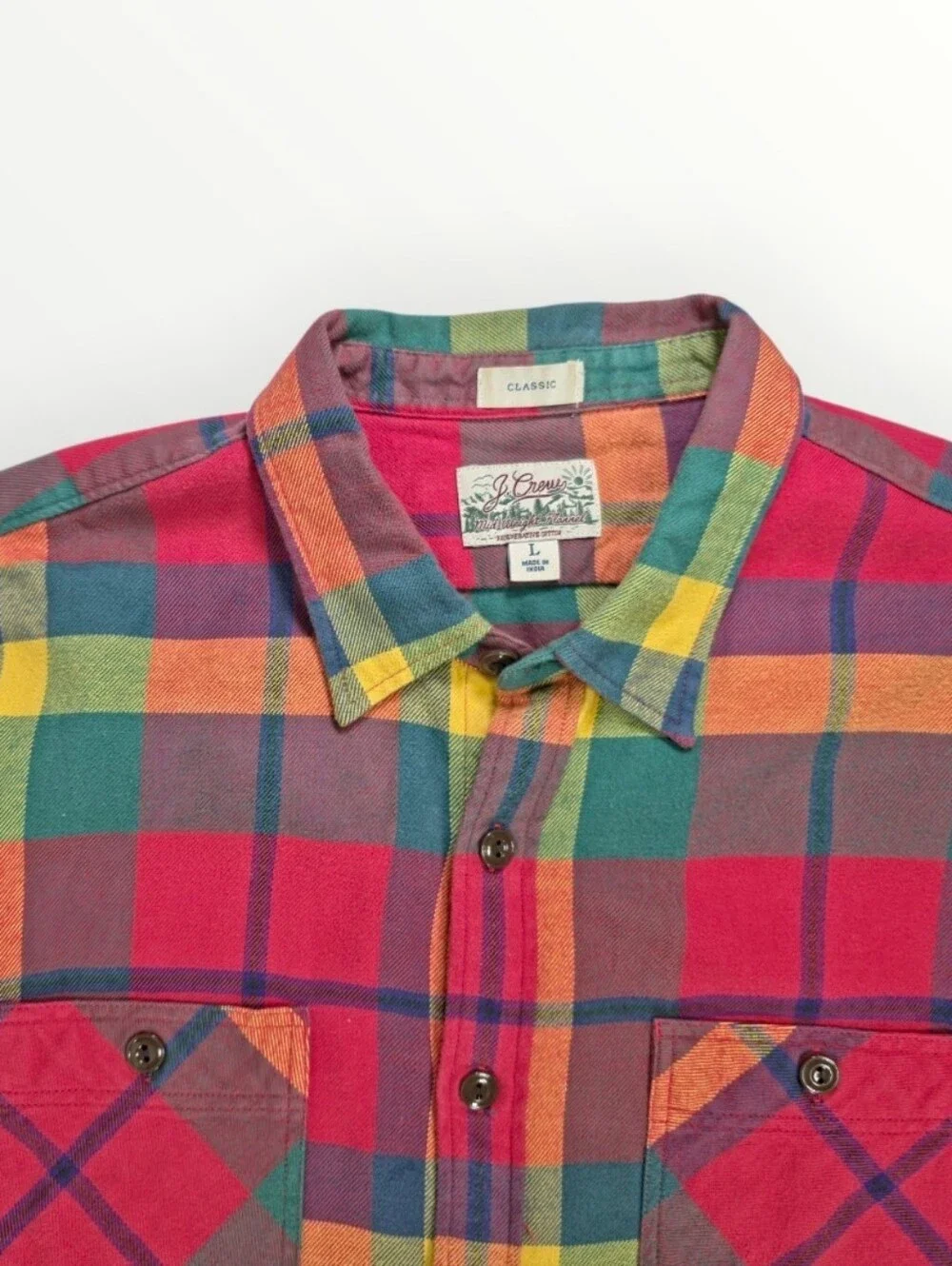 J.Crew Men Midweight Flannel Workshirt L Multicolor Plaid Cotton Button Up Shirt